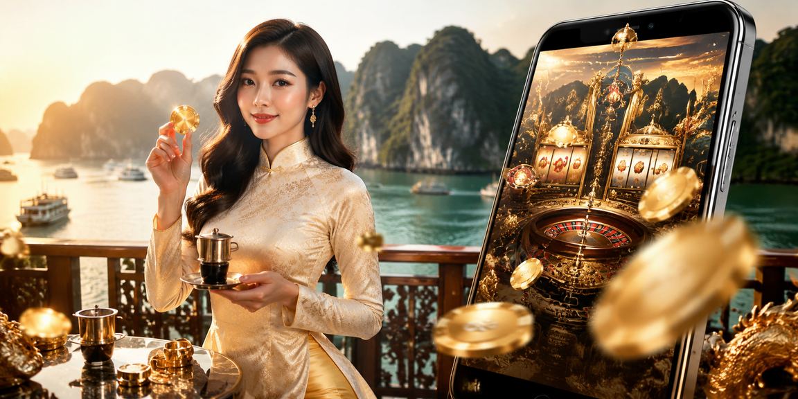 Người phụ nữ mặc áo dài tại vịnh Hạ Long trải nghiệm casino di động với cảnh biển đẹp
